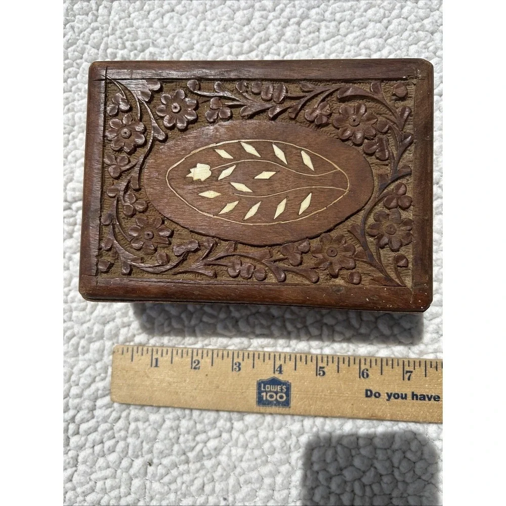 Vintage Hand Carved Wood Trinket Box Set Floral Inlay Made in India 2pc